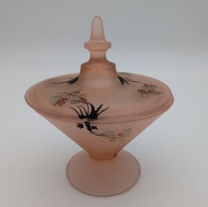 Vintage Deco Tiffin Satin Glass Pink #179 Conical Footed Candy Jar Floral c.1930